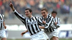 1 Dec 1996: Zinedane Zidane of Juventus (left) and teammate Alen Boksic celebrate a goal during the Serie A match between Juventus and Bologna in Turin, Italy. Juventus won 1-0. Mandatory Credit: Claudio Villa/Allsport