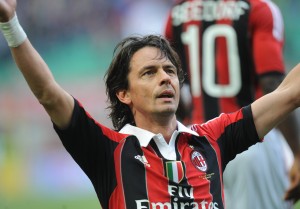 Filippo Inzaghi (L) celebrates after scoring the first goal during the Italian Serie A football match between AC Milan vs Novara on May 13, 2012 in Milan. Filippo Inzaghi, Gennaro Gattuso and Alessandro Nesta end their AC Milan careers against Novara on Sunday as the end of an era is all but completed at the San Siro. AFP PHOTO / ALBERTO LINGRIA        (Photo credit should read ALBERTO LINGRIA/AFP/GettyImages)